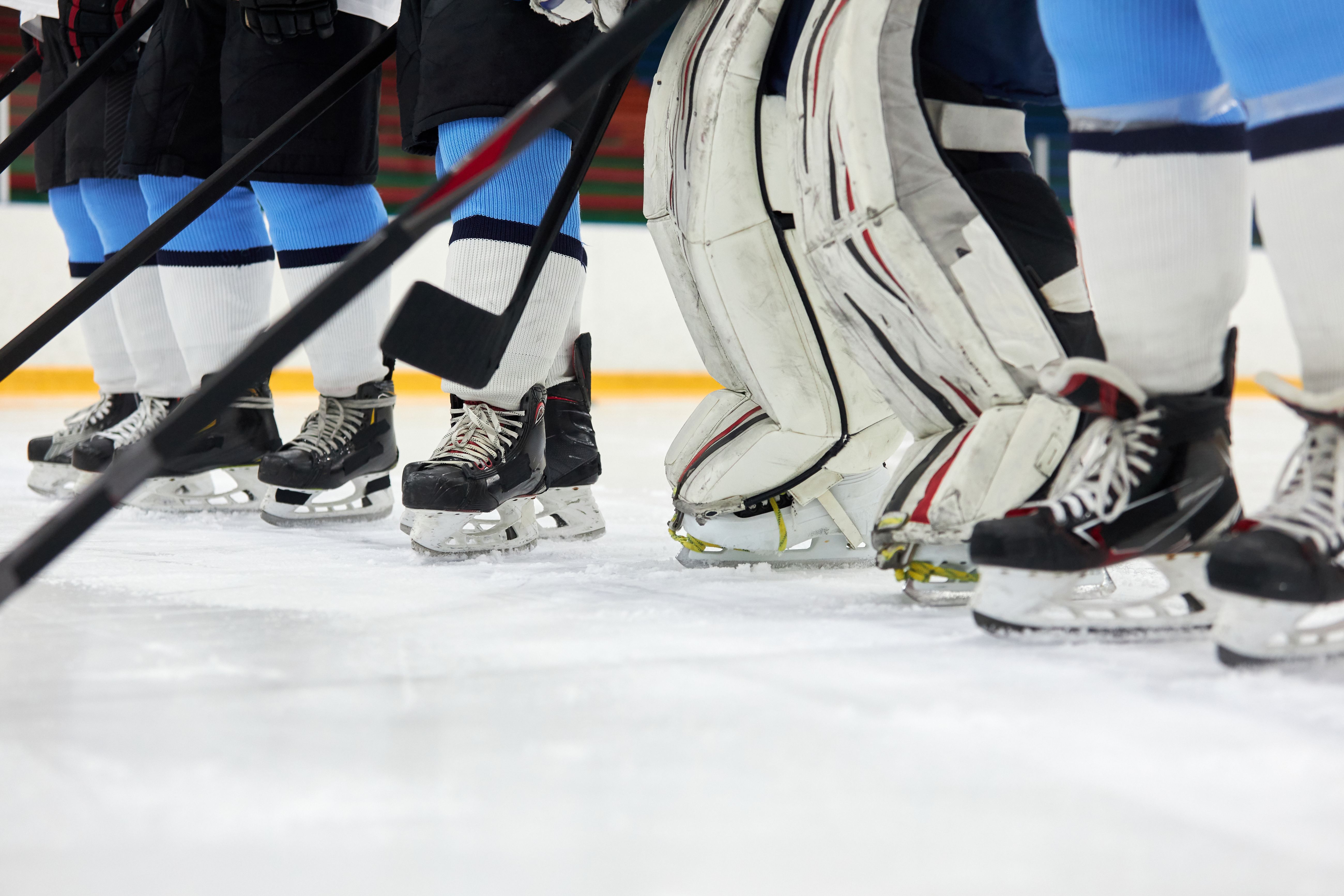 Team of goaltenders in full gear during Elite Goalies Canada team training